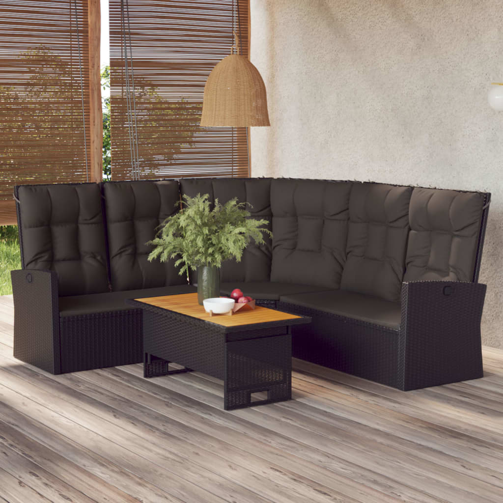 Canapé d'angle inclinable en résine tressée noir avec coussins