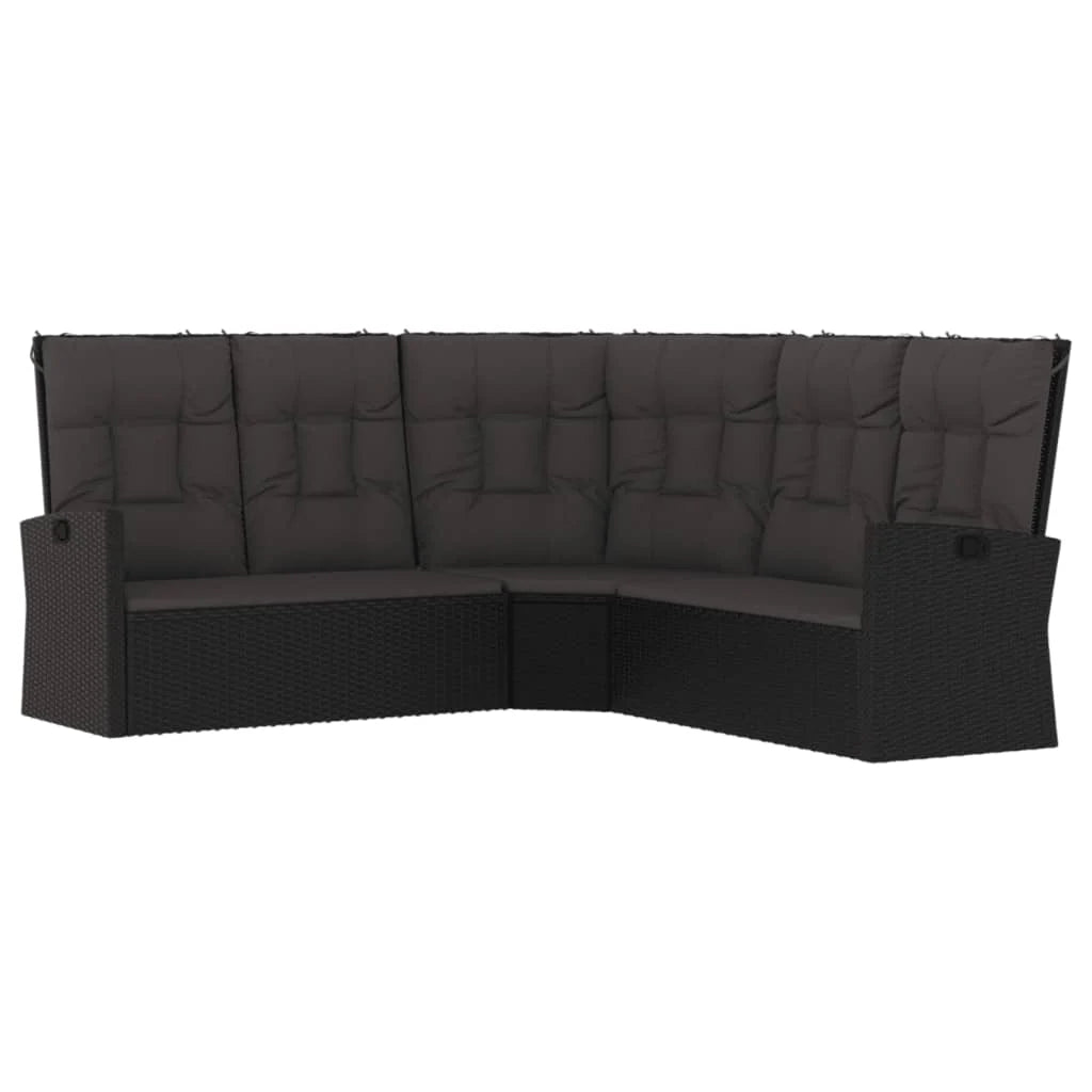 Canapé d'angle inclinable en résine tressée noir avec coussins