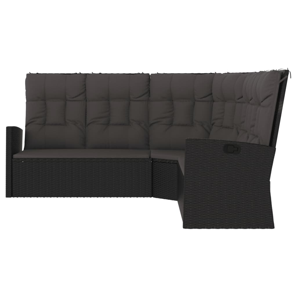 Canapé d'angle inclinable en résine tressée noir avec coussins