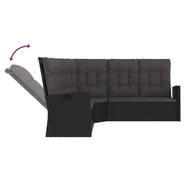 Canapé d'angle inclinable en résine tressée noir avec coussins