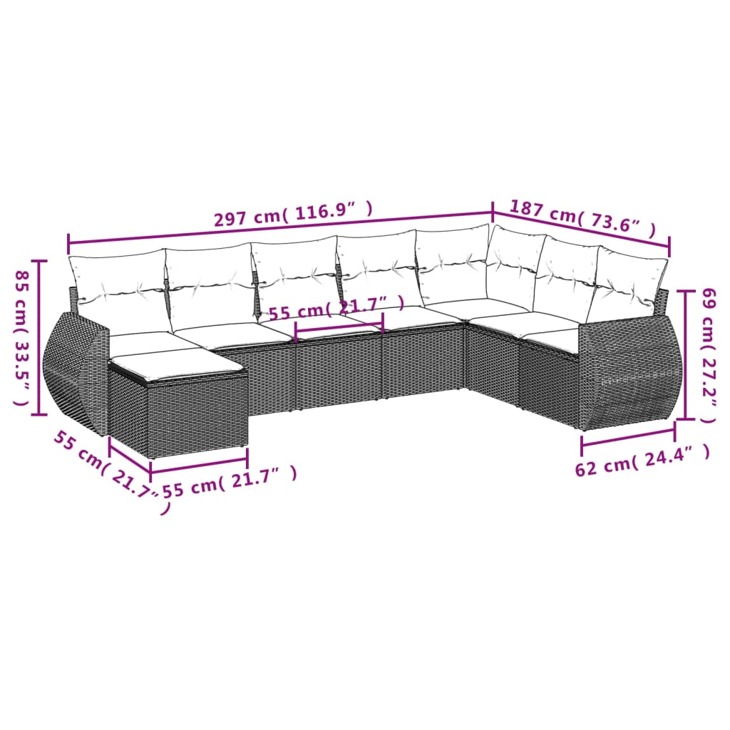 Canapé modulable de jardin en tissu et résine tressée (8 places)