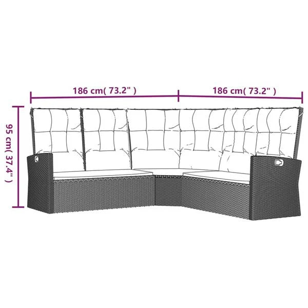 Canapé d'angle inclinable en résine tressée noir avec coussins